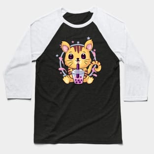 Kawaii Cat Drinking Bubble Tea Baseball T-Shirt